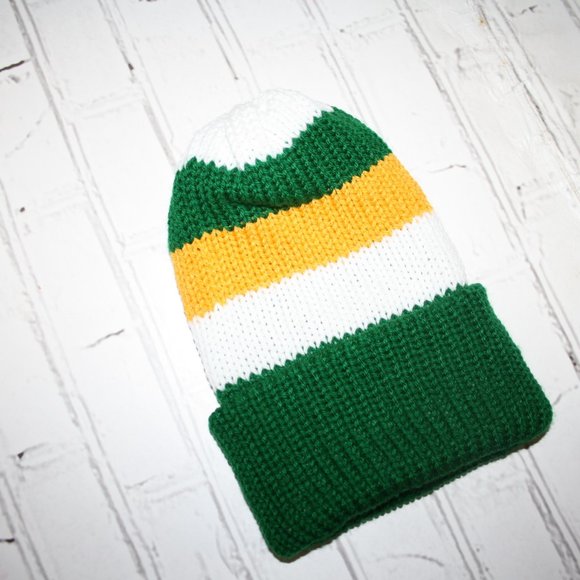 🟢🧢 Handmade Knit Beanie · Green + White + Yellow · NWoT 🧢🟢 - Picture 3 of 4